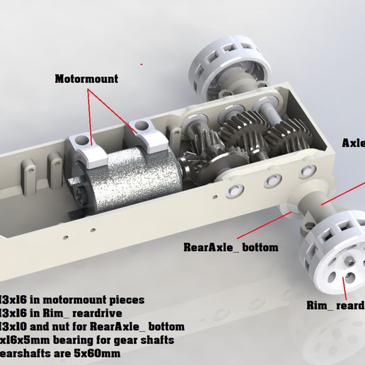 Motormount é a Axle_Diff_HalfshaftA + B sit inside M3xI6 in motormount pieces M3xI6 in Rim_reardrive M3xI0 and nut for RearAxle_ bottom 5x16x5mm bearing for gear shafts Gearshafts are 5x60mm 3D Printed RC Truck / Half-track