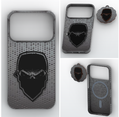 3D Printable Textured Tactical Mask Case for iPhone 18 Pro with Magnetic Alignment and Keychain Asset