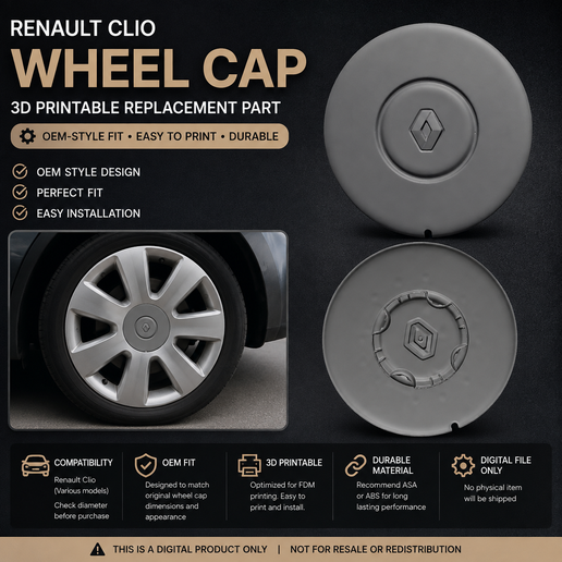 Renault Clio Wheel Cap STL – 3D Printable Replacement Center Cap