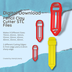 iv) | | ‘ i a sey {) _ Digital"Downloaaq~ — i Péncil Cla Cutter ST Files Makes 9 Different Sizes: 70mm, 65mm, 60mm, 55mm, 50mm, 45mm, 40mm, 35mm, 30mm. 2 different Cutting Edges: 0.7mm edge and a 0.4mm Sharp edge. Created by UtterlyCutterly Файл 3D Карандашный резак для глины - рельефный STL цифровой файл Скачать - 9 размеров и 2 версии резака・3D-печатная модель для загрузки, UtterlyCutterly