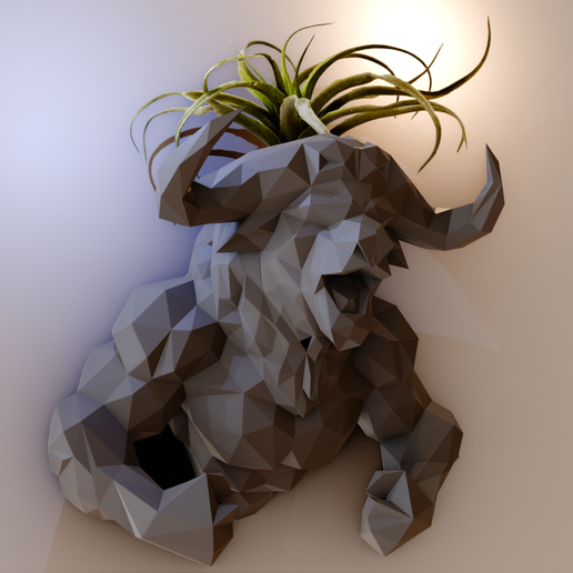 minotaur bull head wall mount arms out roaring planter pot flower vase low poly stl - 3D model önizlemesi