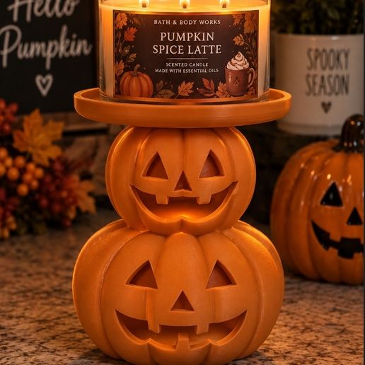 Double Stacked Pumpkin 3-Wick Candle Holder | 3D Printed Jack-O’-Lantern Candle Stand | Halloween Decor | Spooky Candle Holder
