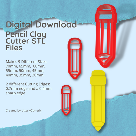 Pencil Clay Cutter - Embossed STL Digital File Download- 9 sizes and 2 Cutter Versions 3D model