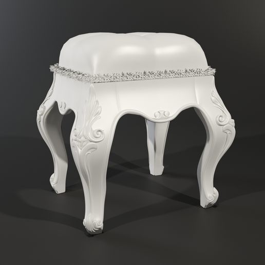 Baroque Upholstered Stool 3D Model | Ornate Carved Ottoman Furniture | 3ds Max