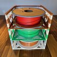 three_stack_no_bags.jpeg Vertically Stackable 3D Printed Filament Shelves.