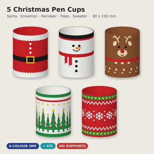 5 Christmas Pen Cups – Santa, Snowman, Reindeer, Trees, Sweater | Multicolor 3MF + STL