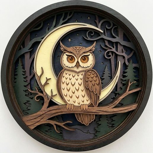 MD319 - Layered Wood Owl Wall Art, Moon Night Scene, Laser Cut File (SVG, DXF) forest night svg