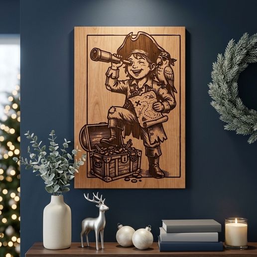 Pirate Kid Treasure Hunt SVG, Adventure Nursery Line Art Laser Cut File, Boys Room Wall Art, Glowforge File