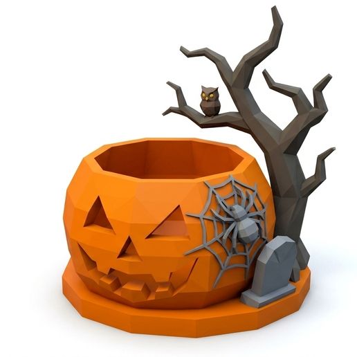 Geometric Spooky Dead Tree & Owl Pumpkin Holder – Low Poly Halloween 3D STL