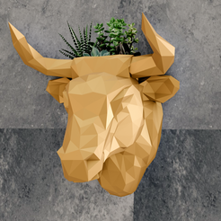 bull-head-planter-lowpoly-1.png Angry bull low poly geometrcial planter pot flower vase STL