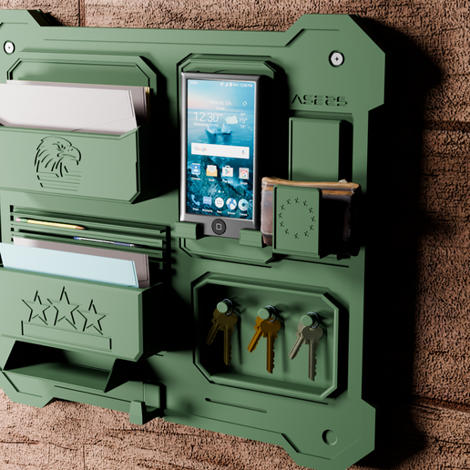 Stratawall Entryway Organizer – Wall-Mounted Mail + Keys + Phone Dock (STL)