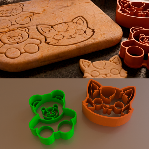 Cat and Bear Cookie Cutters - Without Stands (One Piece) 3D model