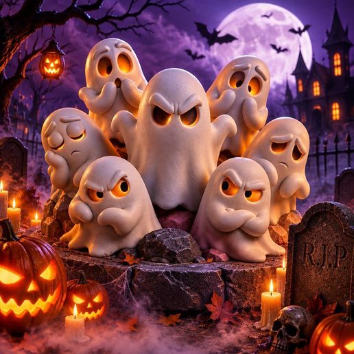 Halloween Ghosts 3D Print – Cute Spooky Ghost Family on Base | Halloween Decoration STL | FDM PLA
