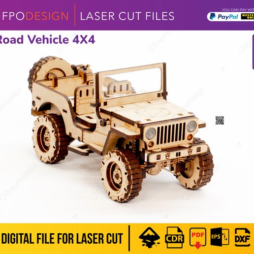 JP-W-1.jpg Carro de guerra 4x4 con remolque planos corte láser madera mdf aglomerado de 3mm truck  modelo 3d para armar Laser Cut 3D Puzzle DIY png svg