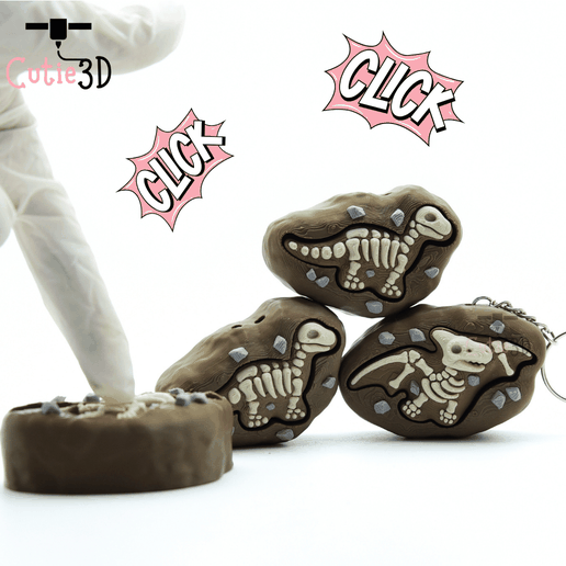 Cutie3D Dinosaur Fossil Set of Clicker Keychains - Cute Backpack Keychain