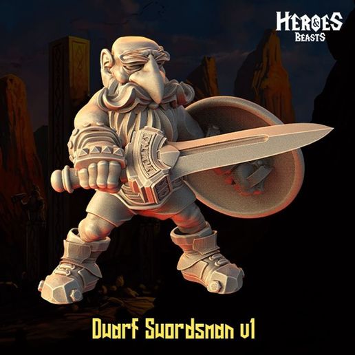 Dwarf Swordsman v1 — Sword & Round Shield Guard — 32mm Pre-Supported STL