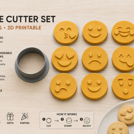 🍪 Emoji Cookie Cutter Set – 9 Fun Faces (3D Printable)・ STL File for 3D ...
