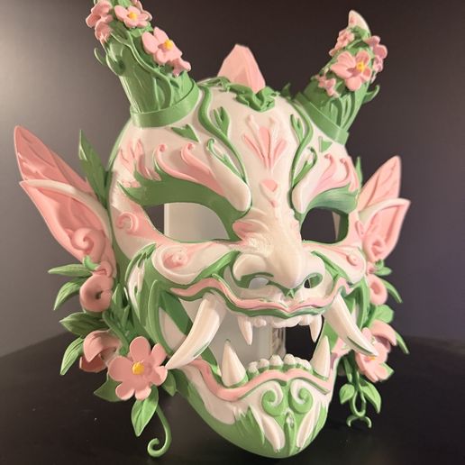 Sakura Blossom Oni Mask 3D Print File - Multi-Color Wearable Demon Mask 3MF, Cosplay Halloween Mask
