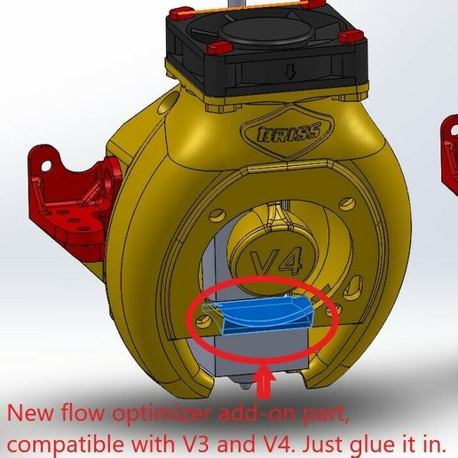 V4 fang 6.JPG Ender 3, 3 V2, 3 pro, 3 max, dual 40mm axial fan hot end duct / fang. CR-10, Micro Swiss direct drive and bowden compatible. No support needed for printing