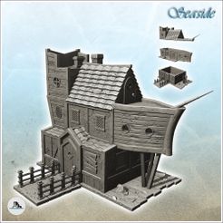 1-PREM.jpg Fichier STL Bâtiment médiéval en forme de bateau avec toit en tuiles (8) - Pirate Jungle Île Plage Piraterie Caraïbes Médiéval Crâne Renaissance・Objet pour imprimante 3D à télécharger