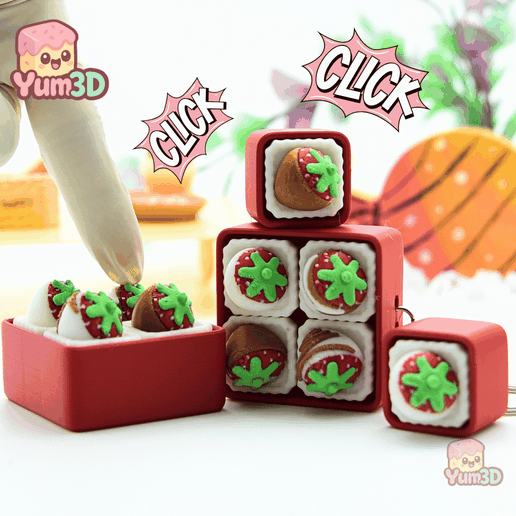 Yum3D Strawberry Snack Box Set of Clicker Keychains - Cute Backpack Keychain