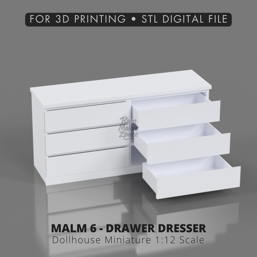MALM 6-Drawer Dresser  1:12 Scale | IKEA-Inspired Dollhouse Furniture  STL by RainMakerZpace STL File for 3D printingCults