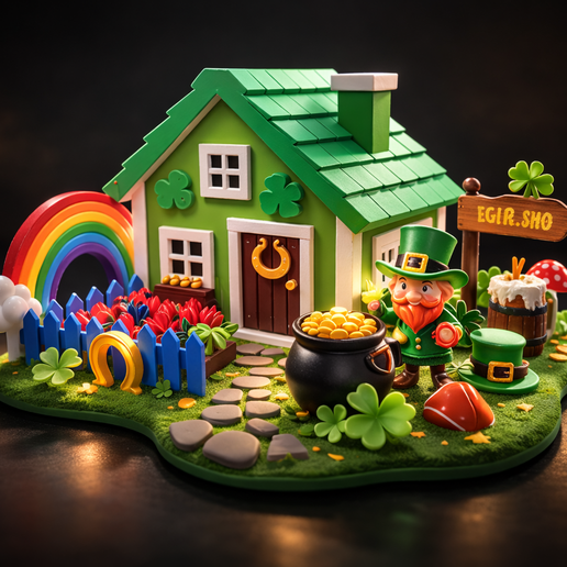 St Patrick Day Lucky Cottage 3D Print – Leprechaun House with Rainbow, Shamrocks and Pot of Gold