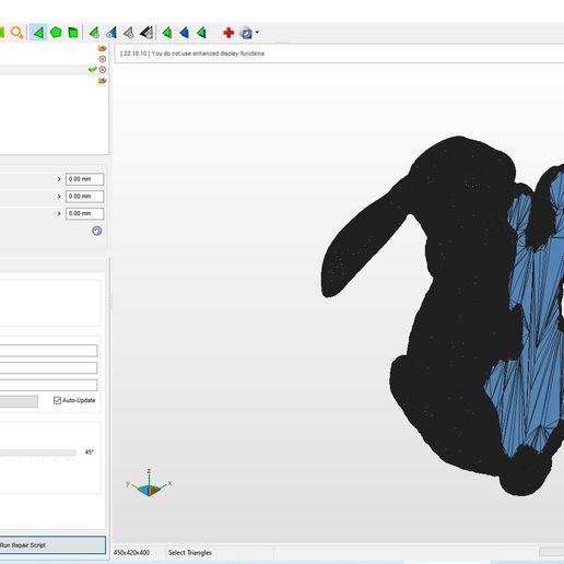 IN Autodesk Netfabb 2018.1 - Merged_Figurine_rabbit4 fabbproject File Edit Repair Mesh Edit View System Help *ABS GABOGDADGAA = ® Parts = © & (100%) Merged Figurine rabbits. part Repair Cp Planes Frame x: rc iY rc z rc [transparent cuts Status Actions Repair Scripis View [\dan|4a4gdiaqad a- [22:18:10 ] You do not use enhanced display functions BOOw status less cose v Mesh is oriented: . d states Edges: [2165242 | Bordertages: [0 ] Tangles: [1444162 |i Orientation [0 ] shes [Fd totes: [p ] Update Highioning ioe triangles Edges from uy as Degenerated Faces Apply Repair Run Repair Script 450x420x400 Select Triangles Archivo 3D Modelo de impresión 3D de un conejo・Modelo de impresora 3D para descargar, akuzmenko