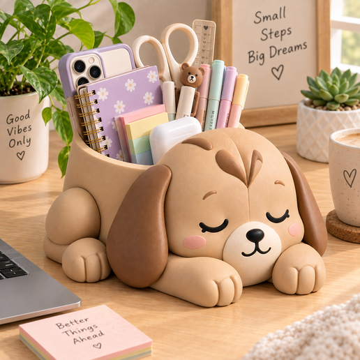Sleeping Puppy Desk Organizer – Cute Dog Pen Holder | Bambu 3MF Multicolor 3D Print