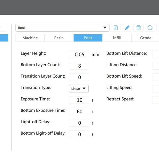 & i | Rook Machine Resin Layer Height: Bottom Layer Count: Transition Layer Count: Transition Type: Exposure Time: Bottom Exposure Time: Light-off Delay: Bottom Light-off Delay: | Linear v | 10 60 Bottom Lift Distance: Lifting Distance: Bottom Lift Speed: Lifting Speed: Retract Speed: Advanced . mm °. mm 65 mm/min 65 mm/min 150 = mm/min Voldek the Wanderer