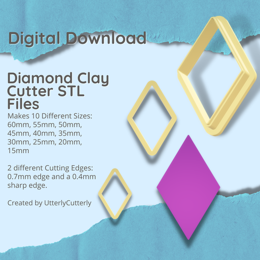 Diamond Clay Cutter - STL Digital File Download- 10 sizes and 2 Cutter Versions 3D model