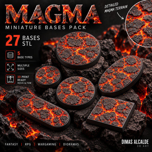 Volcanic Magma Bases – 27 Miniature Bases STL for Wargaming, RPG & Dioramas