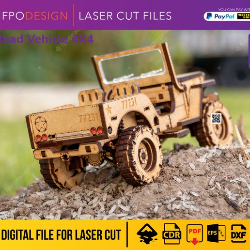 JP-W-2.jpg Carro de guerra 4x4 con remolque planos corte láser madera mdf aglomerado de 3mm truck  modelo 3d para armar Laser Cut 3D Puzzle DIY png svg