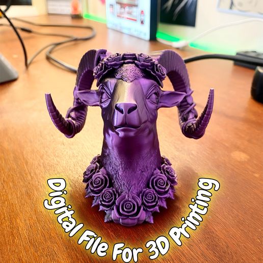 Gothic Ram Bust with Roses - Dark Fantasy Decor - High Detail Sculpture
