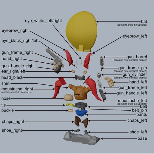 eye_white_left/right hat (contains built-in supports) eyebrow_right eyebrow _left eye_black_right/left ) gun_frame_right \ hand_right “3 gun_handle_right ear_right/left ——* d head_black: shirt moustache_right (contains built-in supports) «<———gun _barrel I (contains two idenfical pieces) {—_gun_frame_pin o : (contains two identical preces) wi un_cylinder Dory (contains two identical pieces) \ hand_left SQ <—_=—gun_frame _left un_handle_left nose YD moustache left tie aw (contains built-in supp salt buckle eas belt_pin pants e&q—_— chaps _left shoe_right. shoe _left + base chaps_right Yosemite Sam