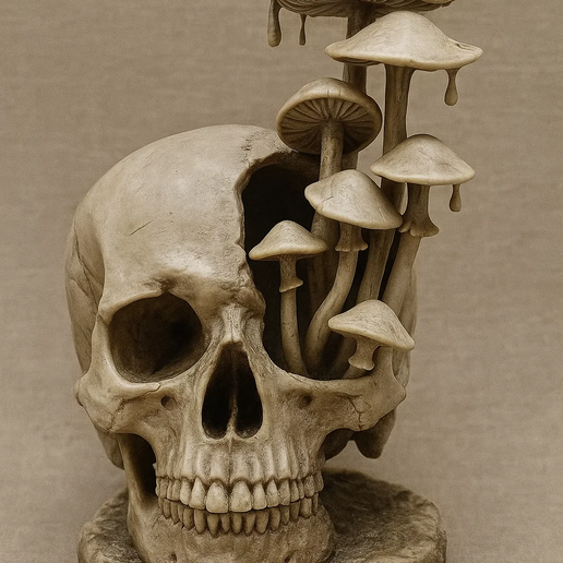 Skull with Mushrooms, Hallucinogenic Mushrooms in Skull, Psychedelic Skull with Red Mushrooms. hallowen 3D model