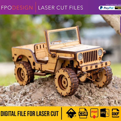 JP-W-3.jpg Carro de guerra 4x4 planos corte láser madera mdf aglomerado de 3mm truck  modelo 3d para armar Laser Cut 3D Puzzle DIY png svg dfx pd