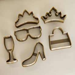 CoolGirlPack1b.jpeg Cool Girl Princess Pack: 6 Cute Cookie Cutters! Queen's Crown, Princess Tiara, Sunglasses, Lady's Purse, High Heel Shoe, Champagne Glass