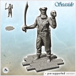 1-PREM.jpg STL file Old pirate with pistol and saber holding a skull (8) - Jungle Blackbeard Island Beach Piracy Caribbean Medieval・3D printable model to download