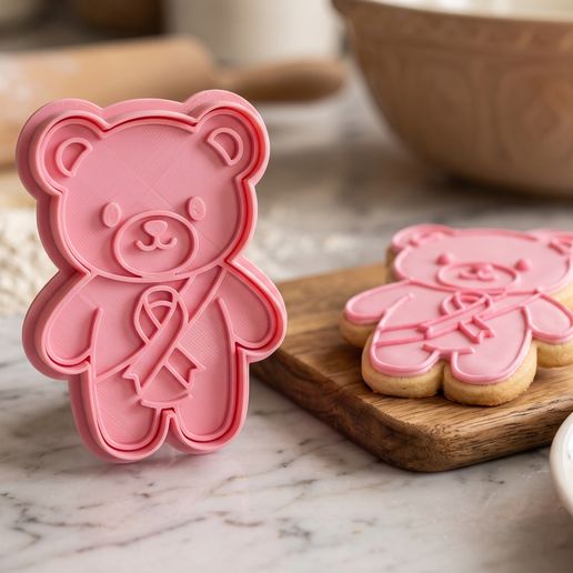 🎀 Cute Teddy Bear Breast Cancer Awareness Cookie Cutter & Stamp 🧸