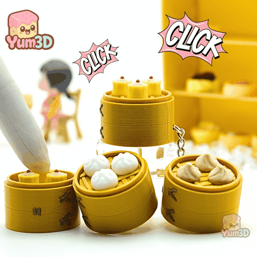 Yum3D Dim Sum Steamer Basket Set of Clicker Keychains - Cute Backpack Keychain