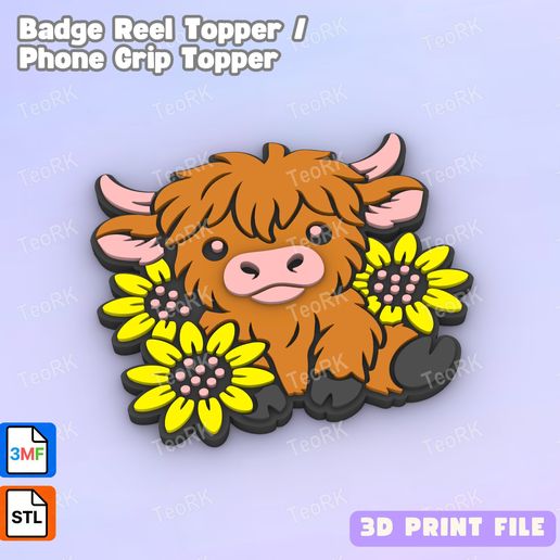 Badge Reel Topper Flat Back upland cow with sunflowers - Phone Grip Topper - 3MF