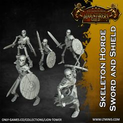 Skeleton-Horde-Swords-and-Shields.jpg Descargar archivo Horda de Esqueletos - Espadas y Escudos - Set de 5 (5 x 32MM SCALE, MINIATURAS PRE-SUPORTADAS) • Diseño imprimible en 3D, Lion_Tower