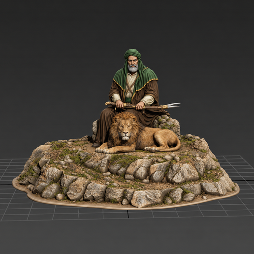 Imam Ali and His Lion Diorama STL, Hazrat Ali, Ali, Imam, Islamic, Islamic character, iconic, Muslim, Prophet Muhammad, lion, statue, diorama, Zulfiqar, Cults3D, Cults, 3D