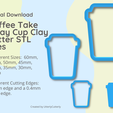 Digital Download Coffee Take Away Cup Clay Cutter STL Files 8 Different Sizes: 60mm, 55mm, 50mm, 45mm, 40mm, 35mm, 30mm, 25mm 2 different Cutting Edges: 0.7mm edge and a 0.4mm Sharp edge. Created by UtterlyCutterly Take Away Cup Clay Cutter - STL Digital File Download- 8 sizes and 2 Cutter Versions