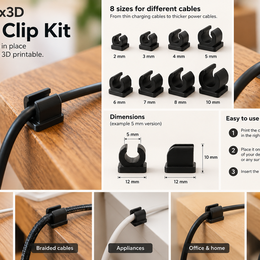 Clips organizadores de cables – Kit de 8 STL | 4 tamaños | Soporte para 1 y 3 cables
