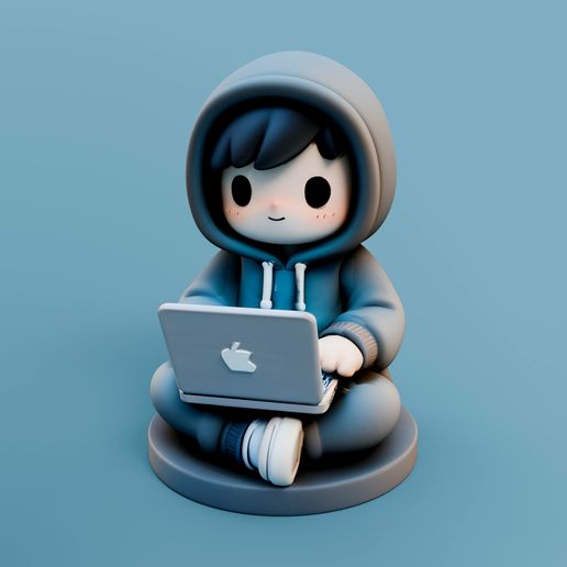 Chibi Hacker Figurine STL – Hoodie Boy with Laptop 3D Print – Desk Decor for Coders