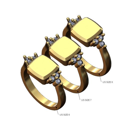 Rounded square signet with side diamond crowns US sizes 6 7 8 3D print model 3D model