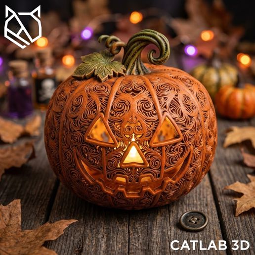 Filigree Jack-O' STL | Halloween Tabletop Decor | Intricate Swirl Pattern Pumpkin | 3D Printable Ornamental Design