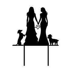 Casamiento-Chicas-Pareja-corazon-perritos.png Archivo STL Cake Topper Adorno Torta - Boda Casamiento Mujer LGTB + mascota・Objeto para impresora 3D para descargar